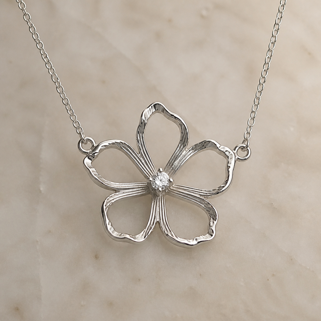 A women's necklace made of silver. hibicus ligne fine et delicat ,diamand dans le milieu, interieur de la fleur vide, plus detail, 5 petales chaine de chaque coté, exotique style qui fait pensé à hawaî, plus naturel
photorealistic jewelry design, A women's necklace made of silver. hibicus ligne fine et delicat ,diamand dans le milieu, interieur de la fleur vide, plus detail, 5 petales chaine de chaque coté, exotique style qui fait pensé à hawaî, plus naturel, modern style, just the design no text