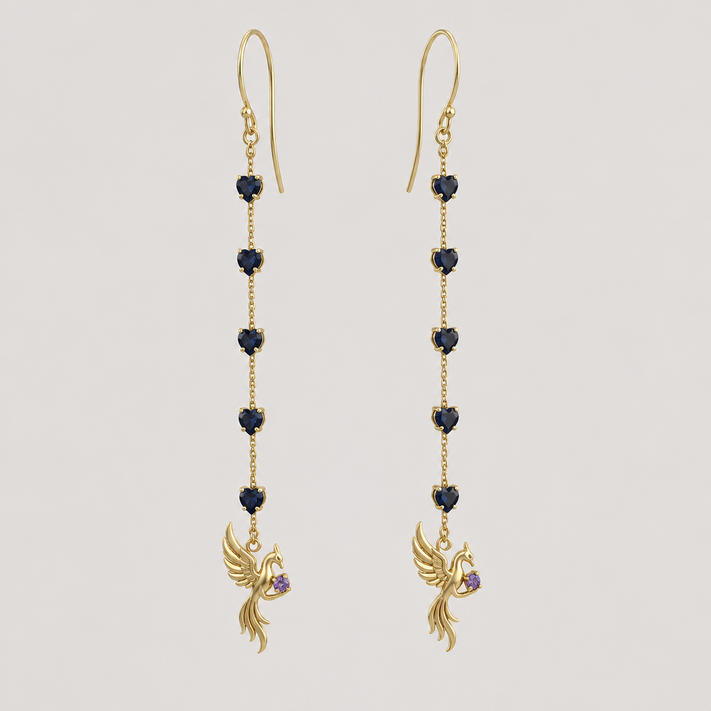 A minimalist women's earrings made of gold with amethyst and sapphire stones suitable for daily wear. uns brincos com fio dourado, ouro, robusto, com 7 corações espaçados entre si 0,05mm com pedra azul sapphire. no centro uma fenix segurando uma pedra pequena amethyst um colar smples, elegante, sofesticado e discreto para usar no dia a dia com charme e poder
photorealistic jewelry design, A minimalist women's earrings made of gold with amethyst and sapphire stones suitable for daily wear. uns brincos com fio dourado, ouro, robusto, com 7 corações espaçados entre si 0,05mm com pedra azul sapphire. no centro uma fenix segurando uma pedra pequena amethyst um colar smples, elegante, sofesticado e discreto para usar no dia a dia com charme e poder, minimalist style, just the design no text
