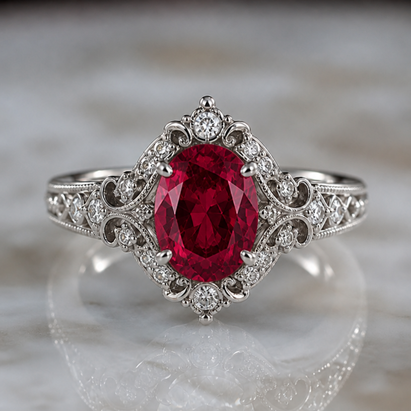 make main stone a ruby
edit the attached jewelry design with these instructions: make main stone a ruby. keep it photorealistic, just the design no text