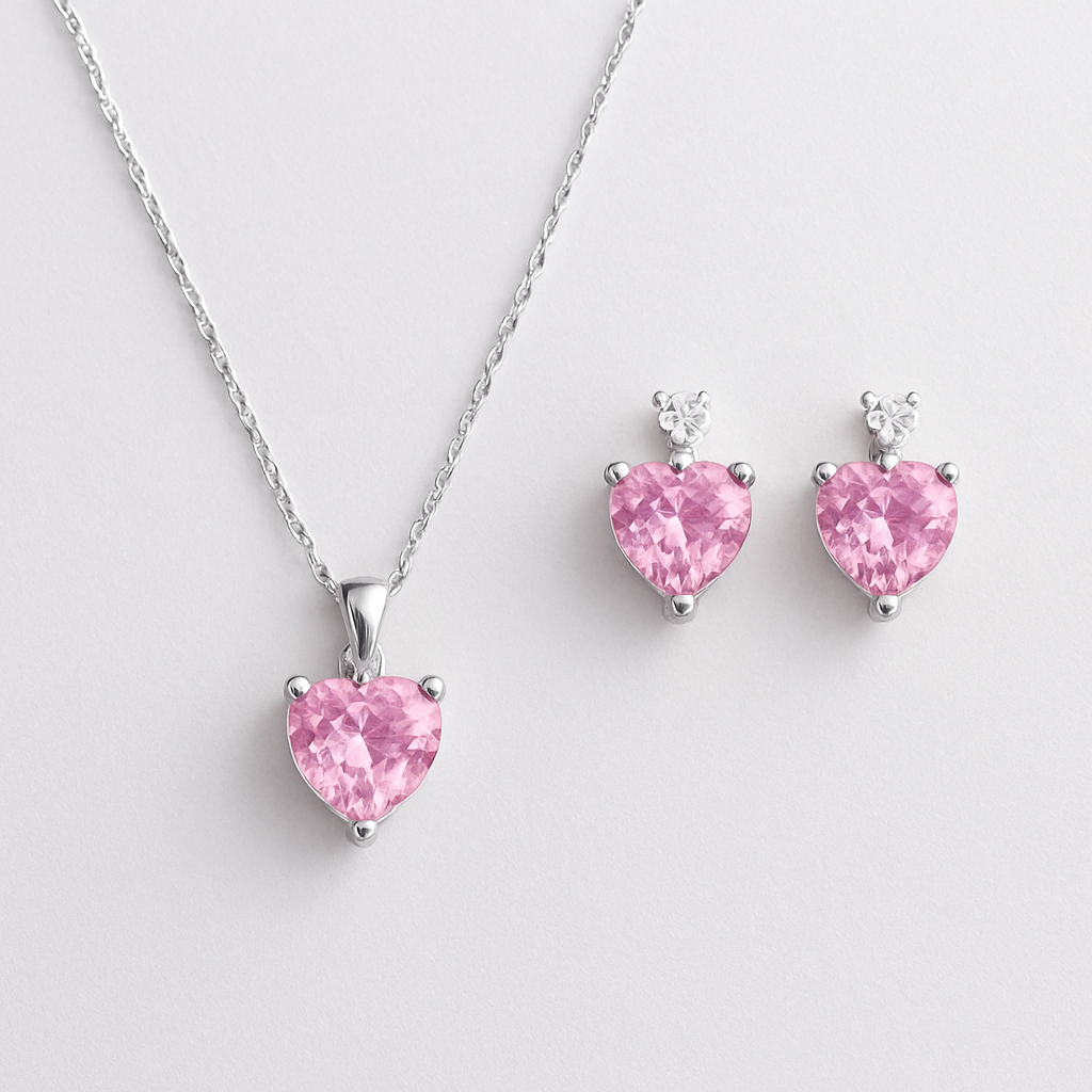 This elegant jewellery set features heart-shaped pink gemstones as the focal point, symbolizing romance and grace.
Delicate silver chains with small round white stones add sparkle and movement.
The matching necklace and earrings create a balanced, modern yet feminine look.
Perfect for romantic occasions, it embodies soft luxury and timeless charm.