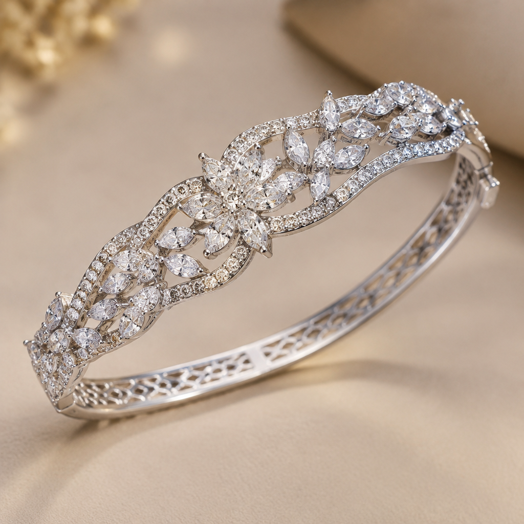 A bangle women's bracelet made of white gold with diamond stones suitable for festival, detailed and decorative, moderately ornate
photorealistic jewelry design, A bangle women's bracelet made of white gold with diamond stones suitable for festival, detailed and decorative, moderately ornate, bangle style, just the design no text