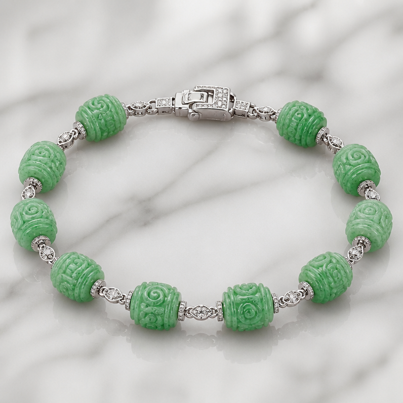 A contemporary women's bracelet with diamond stones. Create a 6-inch bracelet using the 12 beads shown in the attached picture. Each bead is 9.7 millimeters long.
using the attached image as a visual reference, create A contemporary women's bracelet with diamond stones. Create a 6-inch bracelet using the 12 beads shown in the attached picture. Each bead is 9.7 millimeters long.. photorealistic, just the design no text