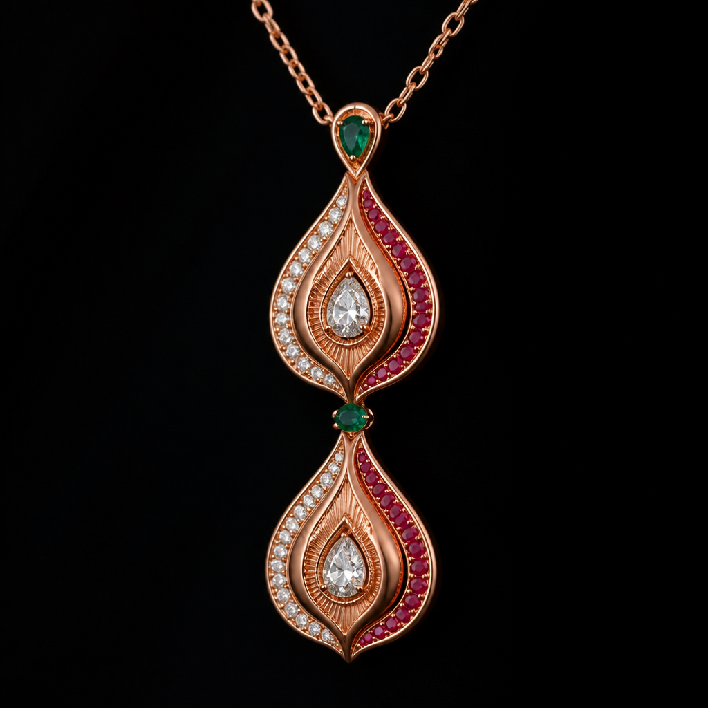 A women's necklace made of rose gold with diamond and ruby stones. The metal used is rose gold. The lines in the middle of the pieces are engraved. There are two emerald stones connecting the two shapes, and another one at the top connecting the piece to the chain link. In the middle of each of the two shapes is a diamond.
photorealistic jewelry design, A women's necklace made of rose gold with diamond and ruby stones. The metal used is rose gold. The lines in the middle of the pieces are engraved. There are two emerald stones connecting the two shapes, and another one at the top connecting the piece to the chain link. In the middle of each of the two shapes is a diamond., modern style, just the design no text
