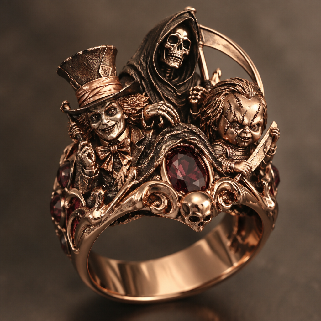 A rustic women's ring made of rose gold suitable for formal. a reaper with a skeleton with the madhatter with chucky
photorealistic jewelry design, A rustic women's ring made of rose gold suitable for formal. a reaper with a skeleton with the madhatter with chucky, rustic style, just the design no text