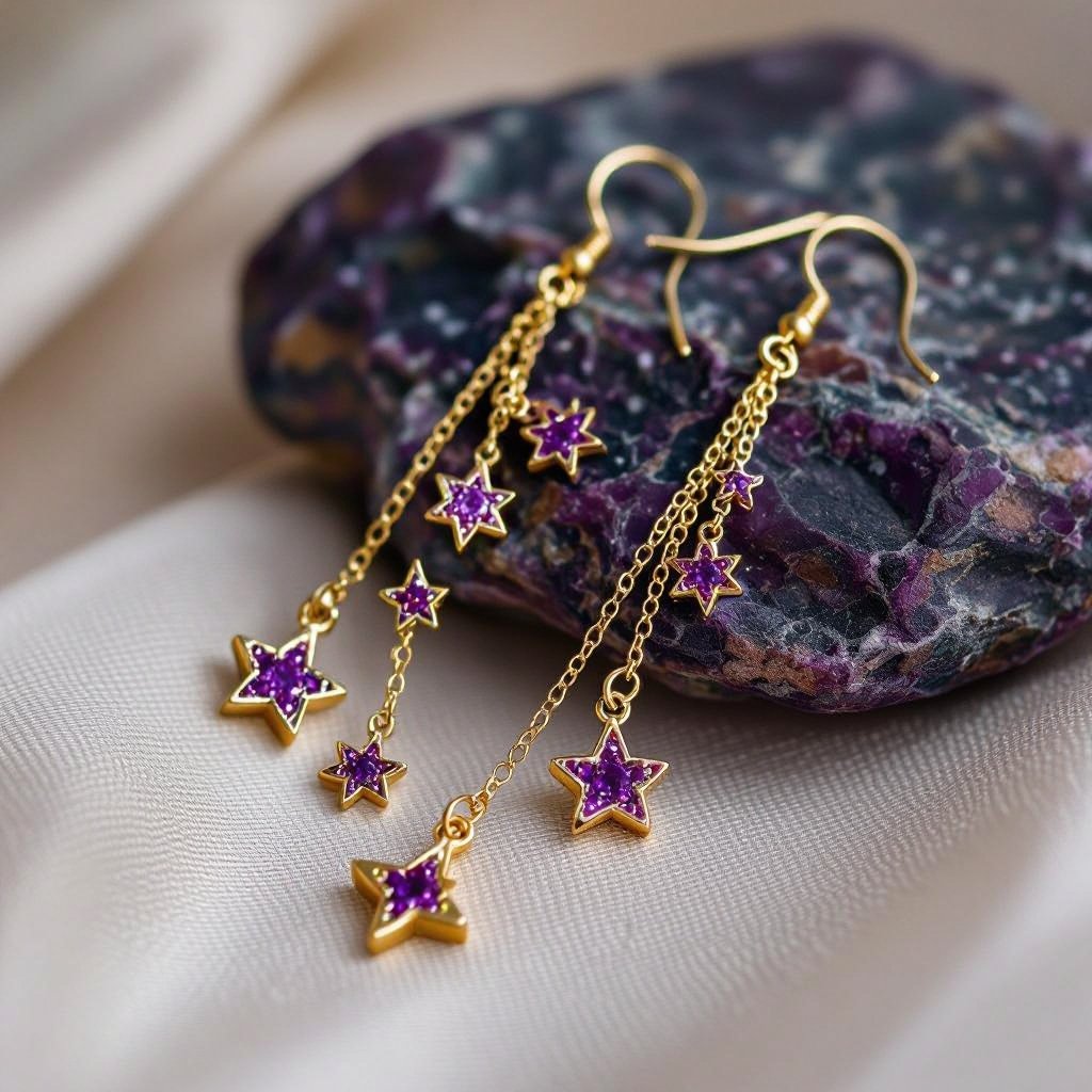 Серьги длинные на цепочках матовое золото мятое. Символ схематично созвездие. Маленькие фиолетовые камушки
