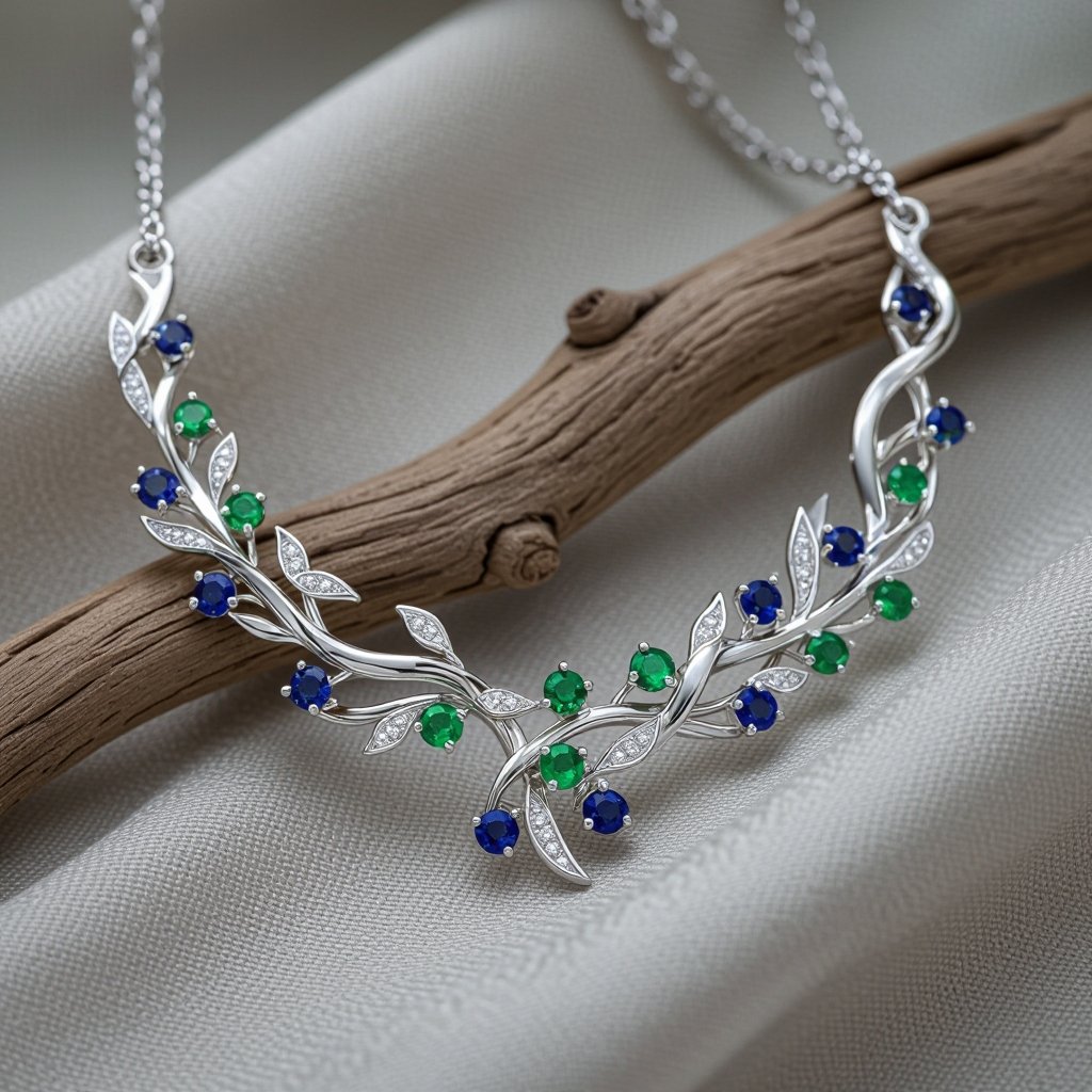 Can you add emerald and sapphires strands between the trees in this design only