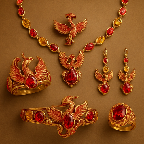 A full Ruby jewelry set including bracelet, earrings and rings with at least 10 citrine and topaz inlays with phoenix themes and an omega necklace