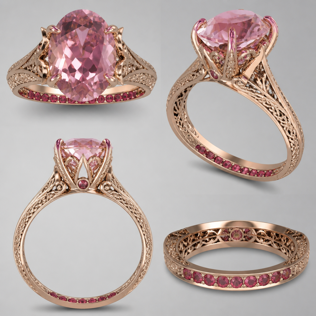 4 carat pink centre stone. Split upper band going into claw design of the centre stone. Lower band under stone set with rubies inverted upside down with their table visible only when the ring of removed. Add engraving and filigree to the band .
photorealistic jewelry design, 4 carat pink centre stone. Split upper band going into claw design of the centre stone. Lower band under stone set with rubies inverted upside down with their table visible only when the ring of removed. Add engraving and filigree to the band . , filigree style, just the design no text