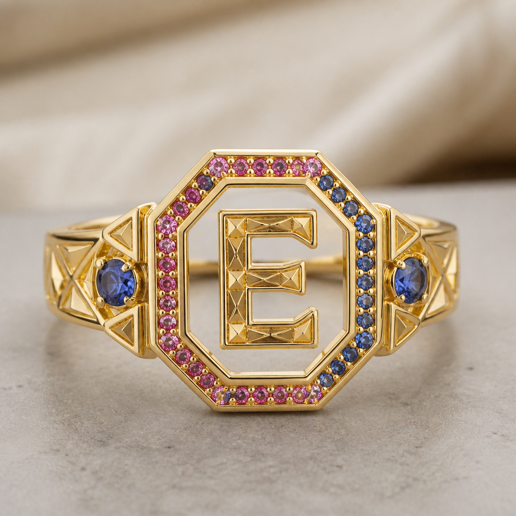 A geometric women's ring made of gold, detailed and decorative, moderately ornate. um anel de 15 anos com inicial E com pedrinhas azul e pedrinhas rosa em volta
photorealistic jewelry design, A geometric women's ring made of gold, detailed and decorative, moderately ornate. um anel de 15 anos com inicial E com pedrinhas azul e pedrinhas rosa em volta, geometric style, just the design no text