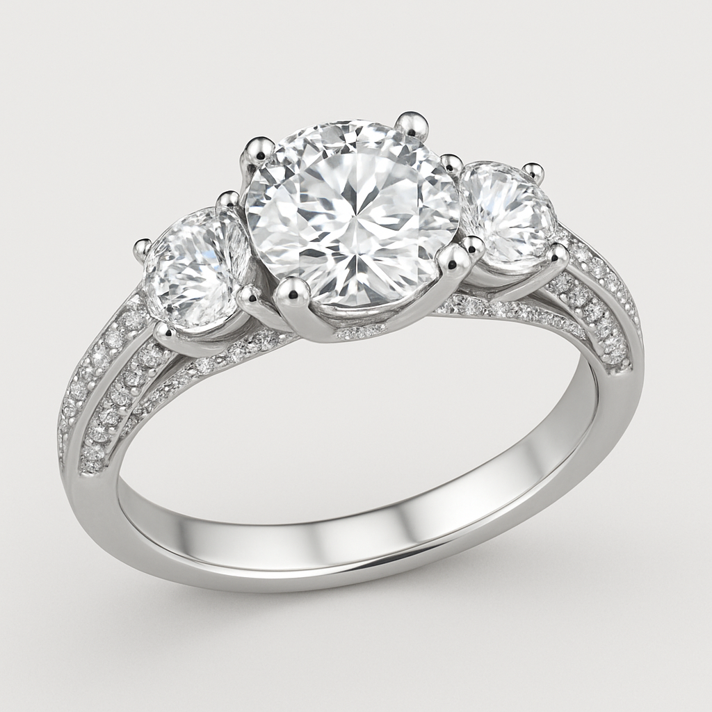 Elegant platinum 4 carat tw 3 stone ring pave split band