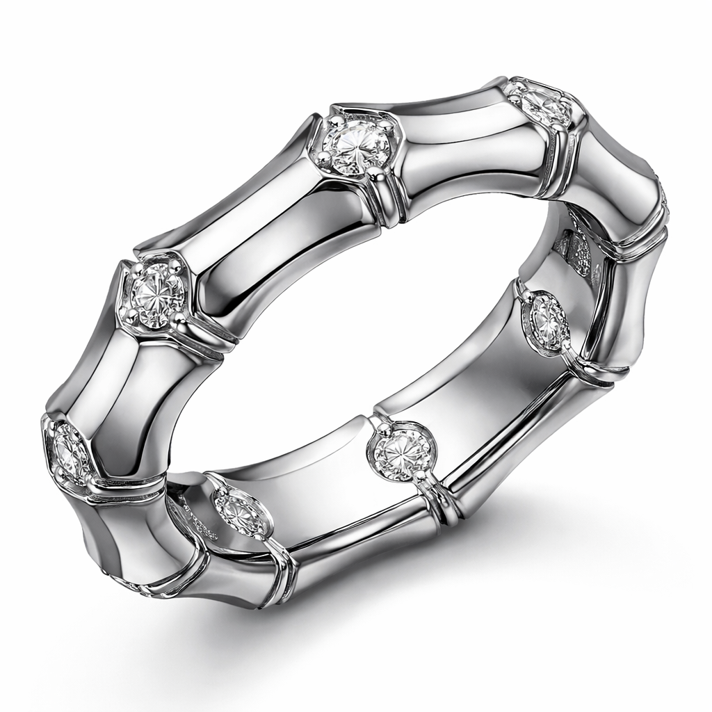 Geometry edgy for men The Bamboo ring translates the lightness and resilience associated with bamboo into a continuous, sculptural design. Crafted in 18k white gold, diamonds are placed with intention throughout the piece, enhancing its graphic character and refined sense of precision.
