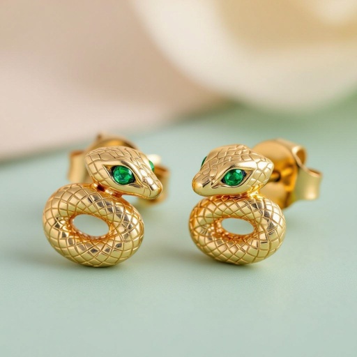 Небольшие золотые матовые серьги в виде символической змеи