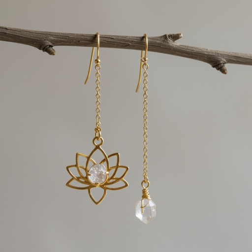 Серьги золото изящный маленький плоский лотос с необработанным маленьким хрусталем в центре, от лотоса идет золотая цепочка вниз с еще одним маленьким камушком хрусталя
