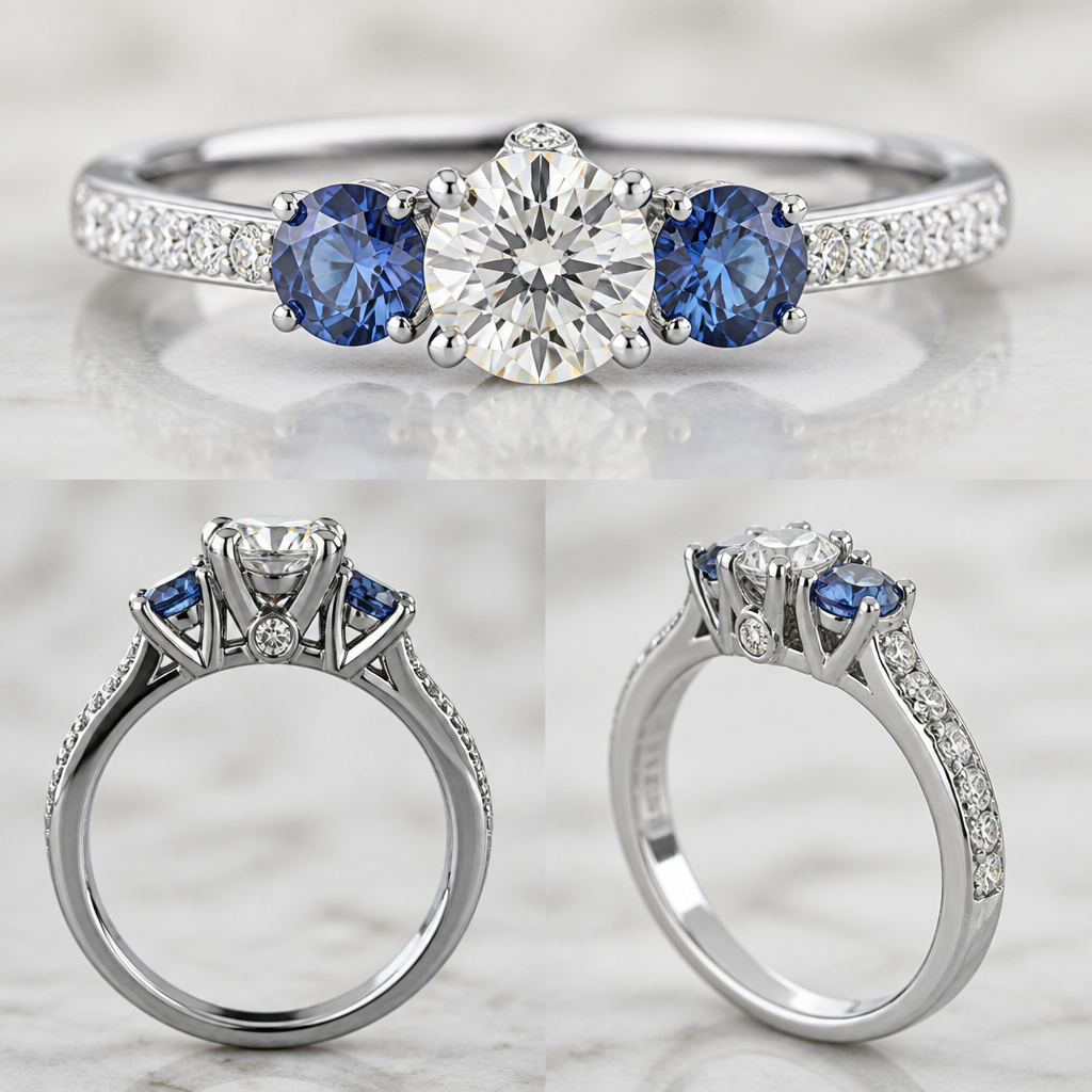 A women's ring made of platinum with diamond and sapphire and opal and aquamarine and turquoise stones suitable for engagement. a platinum ring with a .5 ct round diamond as the centerpiece, with a 5mm round blue gemstone on either side, a small peekaboo diamond on the front and back, and small diamonds going round the band a little
photorealistic jewelry design, A women's ring made of platinum with diamond and sapphire and opal and aquamarine and turquoise stones suitable for engagement. a platinum ring with a .5 ct round diamond as the centerpiece, with a 5mm round blue gemstone on either side, a small peekaboo diamond on the front and back, and small diamonds going round the band a little, modern style, just the design no text