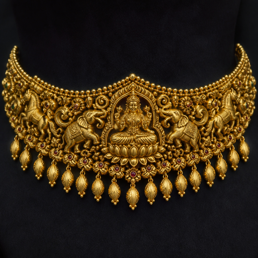 A classic women's necklace made of gold suitable for wedding. choker with lakshmi in the centre sitting on a lotus with elephants and horses on both sides and mango beads
photorealistic jewelry design, A classic women's necklace made of gold suitable for wedding. choker with lakshmi in the centre sitting on a lotus with elephants and horses on both sides and mango beads, classic style, just the design no text