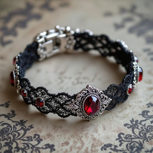 Bracelet vampiric, black lace and blood red gems