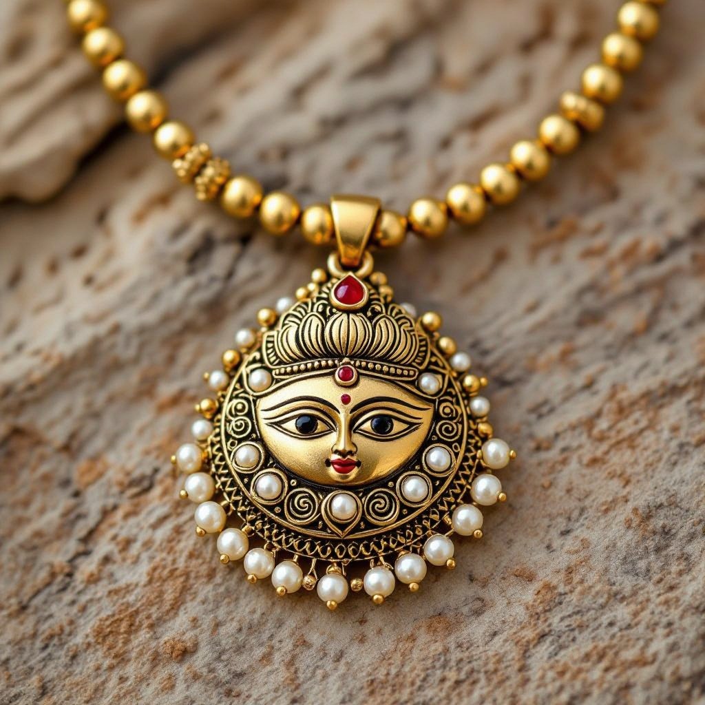 Кулон на длинной цепочке. Матовое светлое золото. В цепочке небольшие золотые шарики и жемчуг. Кулон в виде двух глаз над ними лотос с маленьким красным камнем внутри узоры завитушки 