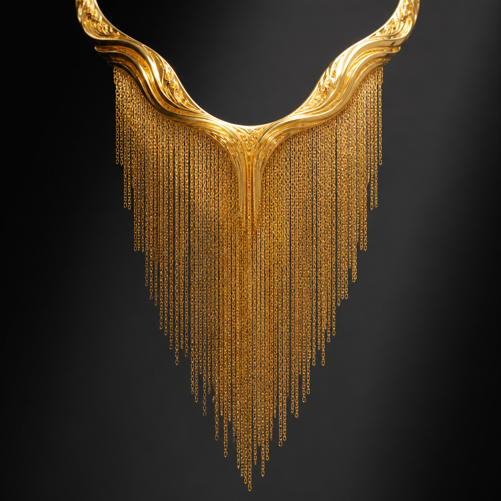 Create a luxurious 22K pure gold waterfall necklace with hundreds of fine gold chains cascading from a sculptural neckline. The design should move gracefully with the wearer and create a flowing waterfall effect. Elegant, modern, and red-carpet worthy. Hyper-realistic gold finish, high-fashion jewelry campaign style, 4K render.
photorealistic jewelry design, Create a luxurious 22K pure gold waterfall necklace with hundreds of fine gold chains cascading from a sculptural neckline. The design should move gracefully with the wearer and create a flowing waterfall effect. Elegant, modern, and red-carpet worthy. Hyper-realistic gold finish, high-fashion jewelry campaign style, 4K render., byzantine style, just the design no text