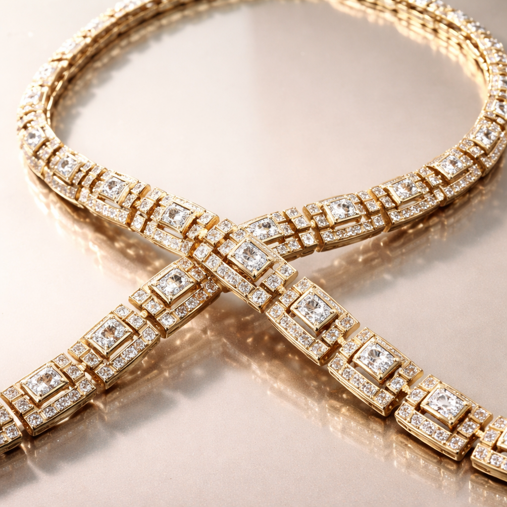 A 2 times twist only of one necklace which has square shape design links and articulations and between the links with diamond and gold