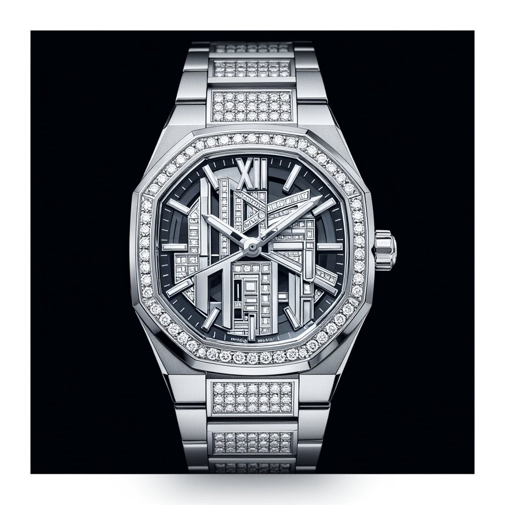 Create a watch of geomatric  shapes and architectural structures and bold edge style of white diamond without any logo or name statement 