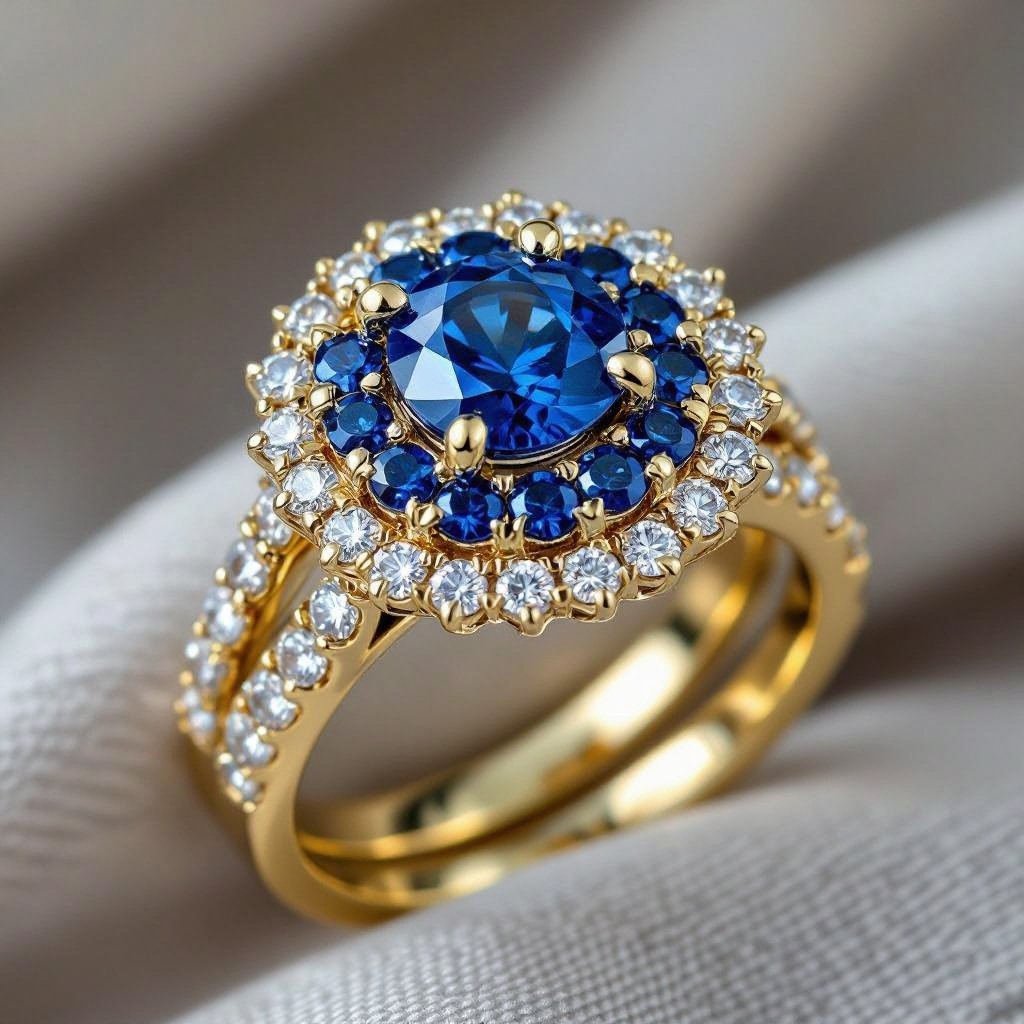 Halo ring with blue stones in yellow spin the ring and show the other side gold 
