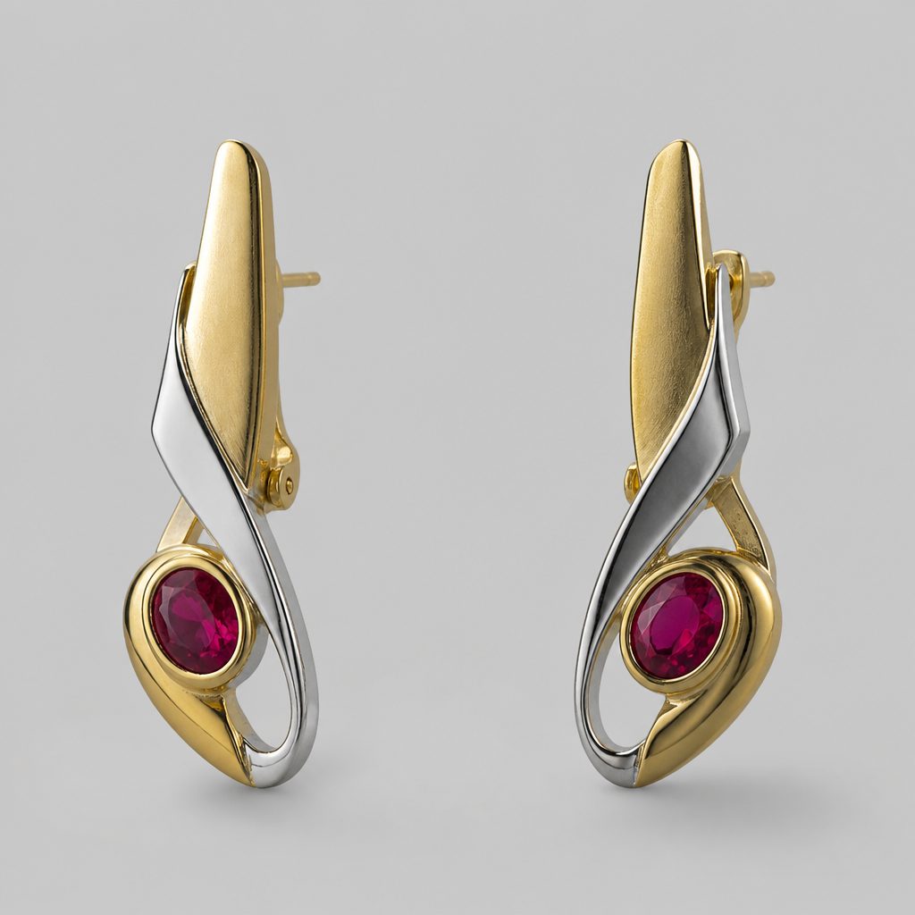 A modern women's earrings made of mixed metal with ruby stones. 2 side earing whit mediub rubby in the down part
photorealistic jewelry design, A modern women's earrings made of mixed metal with ruby stones. 2 side earing whit mediub rubby in the down part, modern style, just the design no text