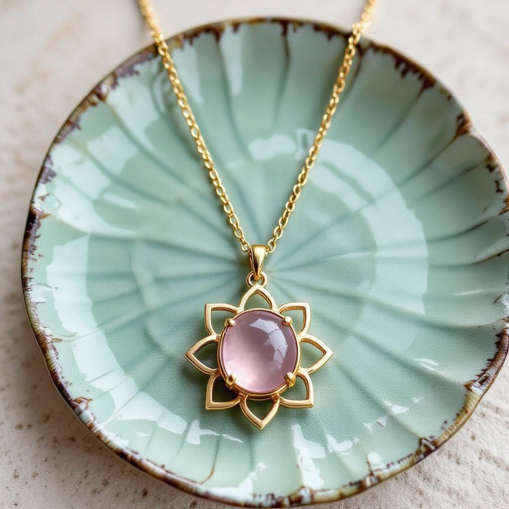 Золотая матовая цепочка. Подвеска матовая лотос шесть лепестков нижние лепестки крупнее верхних  не круглый . В сердце лотоса матовый розовый кварц овальный