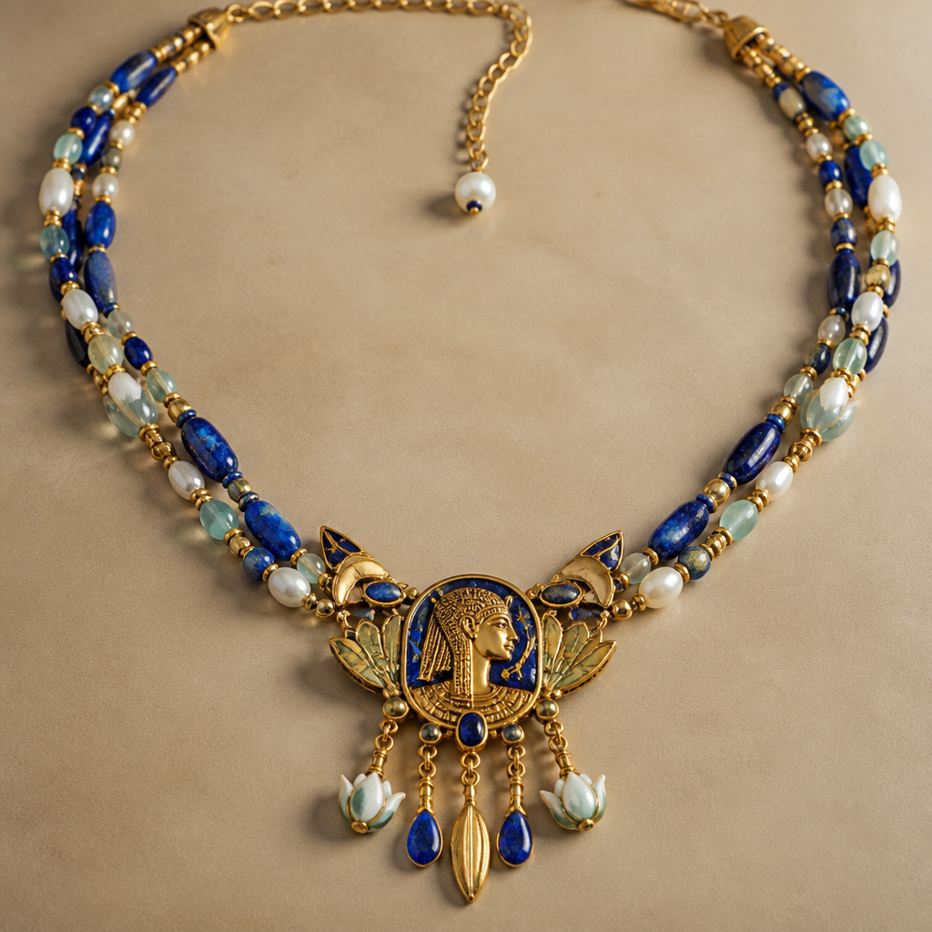 A women's necklace. Handmade pharaonic jewelry set, natural gemstones mixed with Mallorca pearls, lapis lazuli stones, ancient Egyptian pendant, luxury artisan necklace, gold stainless steel details, lotus flower charms, elegant Egyptian fashion accessory, realistic product design
photorealistic jewelry design, A women's necklace. Handmade pharaonic jewelry set, natural gemstones mixed with Mallorca pearls, lapis lazuli stones, ancient Egyptian pendant, luxury artisan necklace, gold stainless steel details, lotus flower charms, elegant Egyptian fashion accessory, realistic product design, modern style, just the design no text