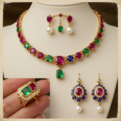 Necklace and ring and earring with luxury colorful jewel with gold