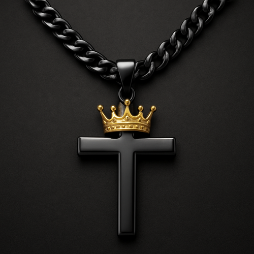 Black gold chain with a cross Pendant and yellow gold crown