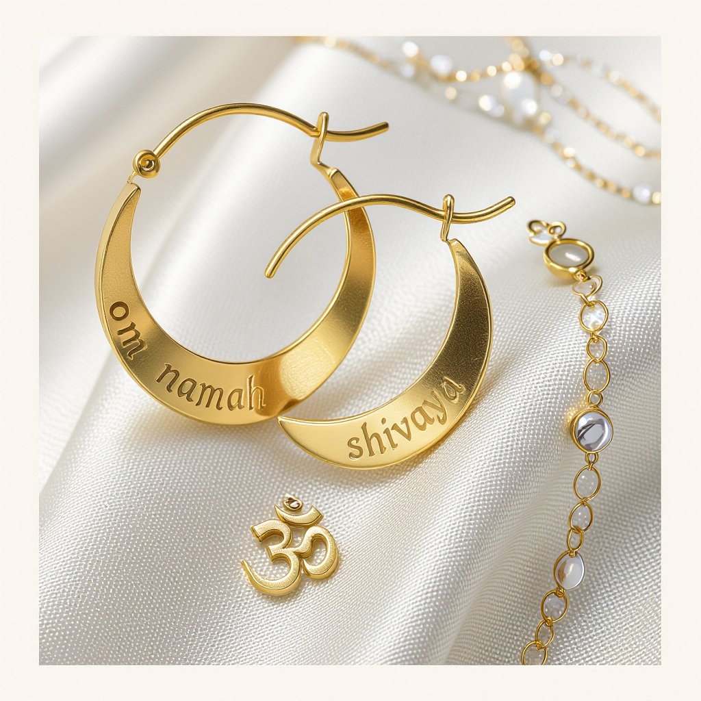 Золотые матовые серьги полукруг. На полукруге надпись изящным шрифтом om namah shivaya