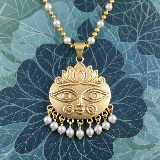 Кулон на длинной цепочке. Матовое светлое золото. В цепочке небольшие золотые шарики и жемчуг. Кулон в виде двух глаз над ними лотос узоры завитушки 