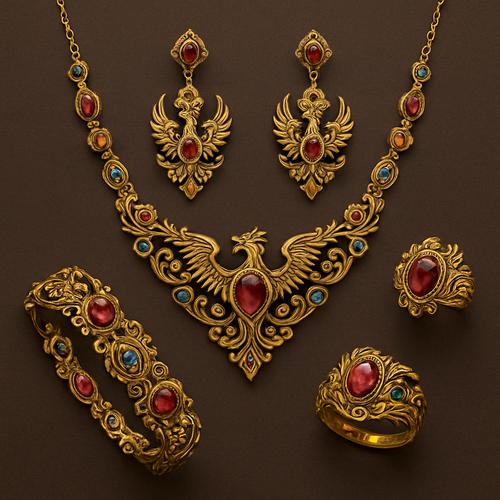 A full Ruby jewelry set including bracelet, earrings and rings with at least 10 citrine and topaz inlays with phoenix themes and an omega necklace