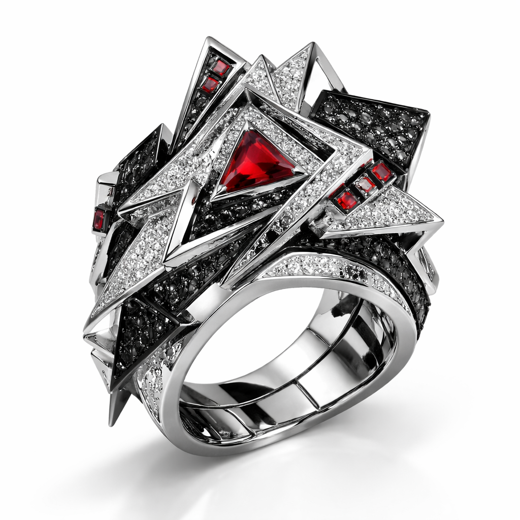 Geomatric ring of egdes and architecture shapes and bold of diamonds black and white and red of white background of edgy style and elements shape
