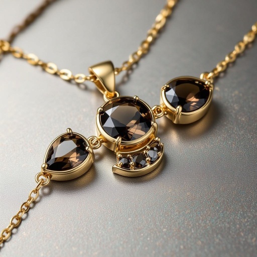 Подвеска из трех полумесяцев с узорами и камнями раухтопаза из матового неровного светлого золота с узорами соединенных цепочкой сверху самый широкий полукруг дальше средний и снизу самый маленький