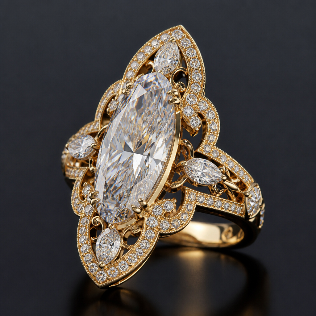 A luxury women's ring made of gold with diamond stones suitable for wedding, highly ornate, intricate and elaborate, richly detailed. кольцо с вытянутым камнем 5 карат
photorealistic jewelry design, A luxury women's ring made of gold with diamond stones suitable for wedding, highly ornate, intricate and elaborate, richly detailed. кольцо с вытянутым камнем 5 карат, luxury style, just the design no text