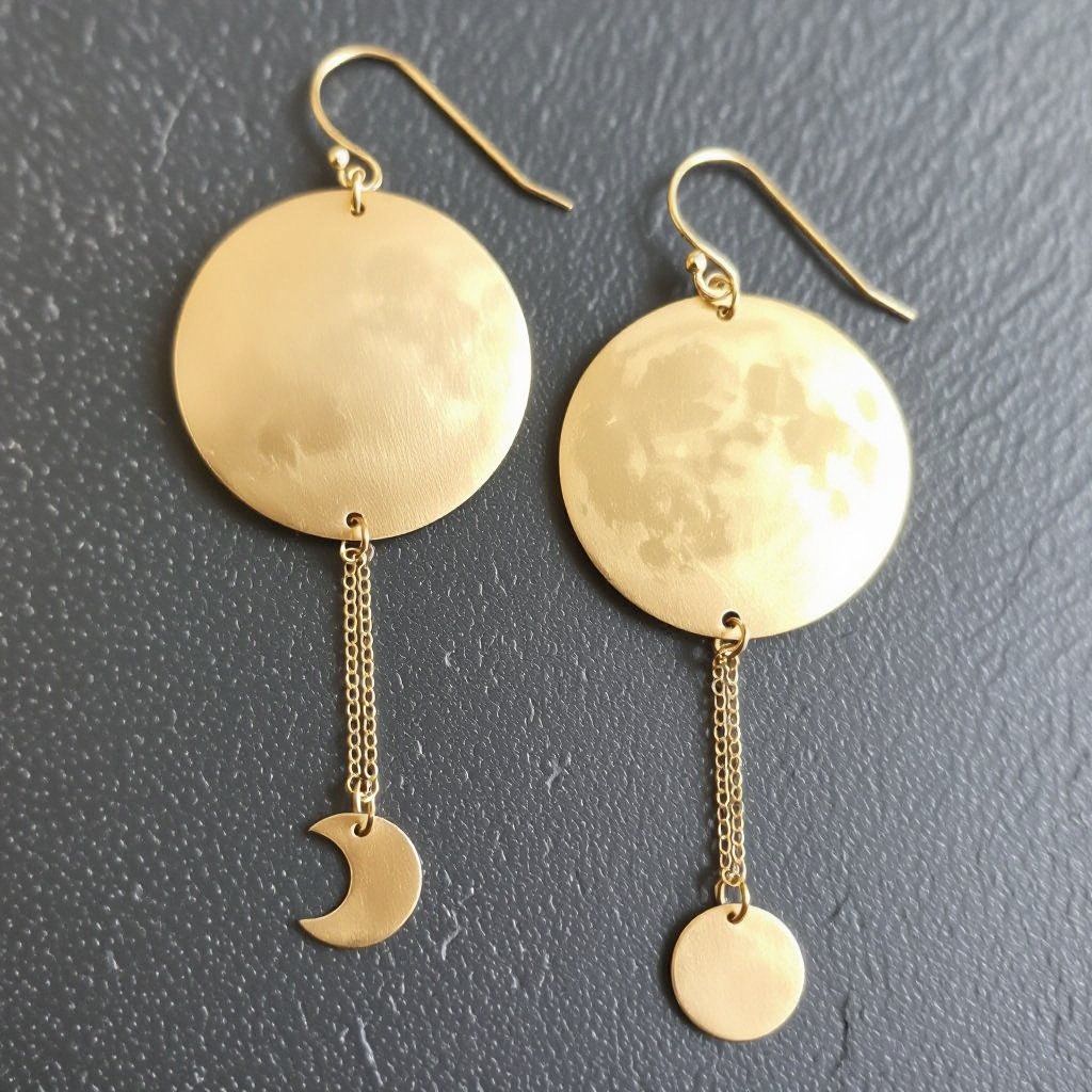 Длинные серьги золотые матовые с несколькими цепочками на каждой цепочке маленький полумесяц и полная луна 