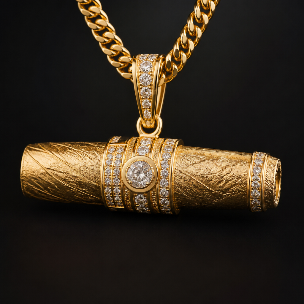 A luxury men's pendant made of gold with diamond stones suitable for party. Un colgante de un puro horizontal
photorealistic jewelry design, A luxury men's pendant made of gold with diamond stones suitable for party. Un colgante de un puro horizontal, luxury style, just the design no text