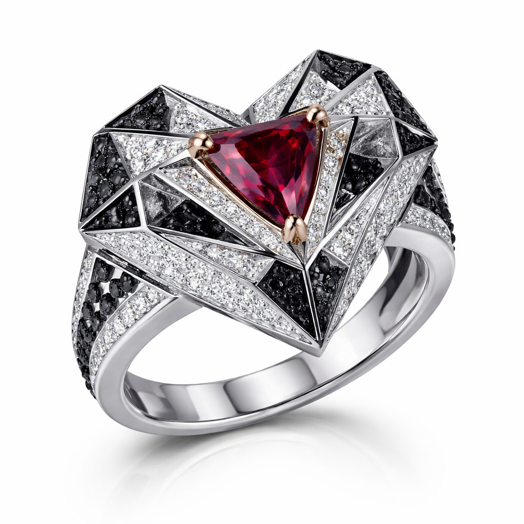 Modern Geometric ring of heart of architecture shape and edges of bold style with white and black diamond and ruby of white background