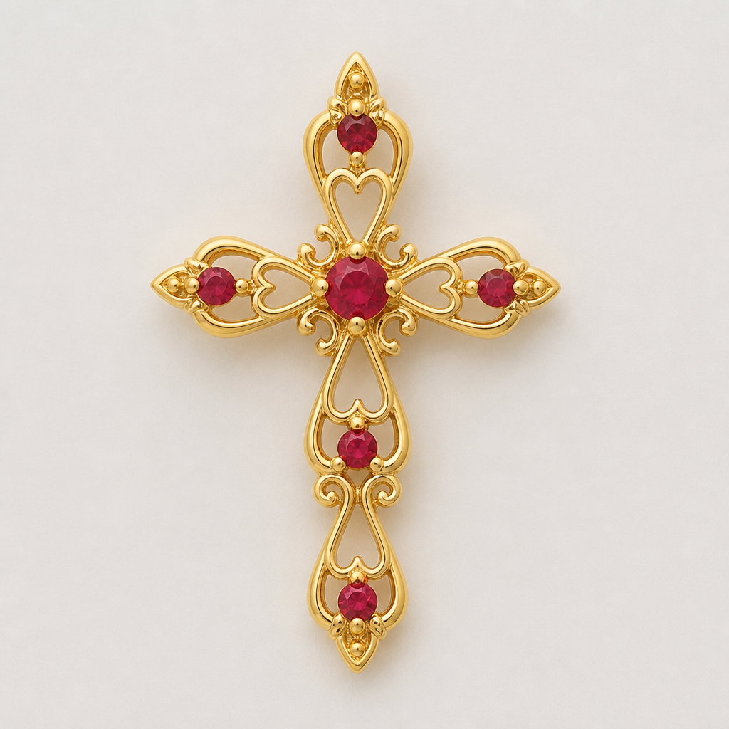 Dainty and feminine Gold cross with rubies, majority gold . Hidden bail
photorealistic jewelry design, Dainty and feminine Gold cross with rubies, majority gold . Hidden bail, romantic style, just the design no text