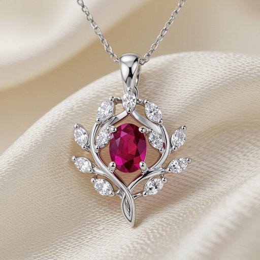 7x5mm oval pigeon blood ruby with 8 marquis cut diamonds each .08ct set in white gold pendant 