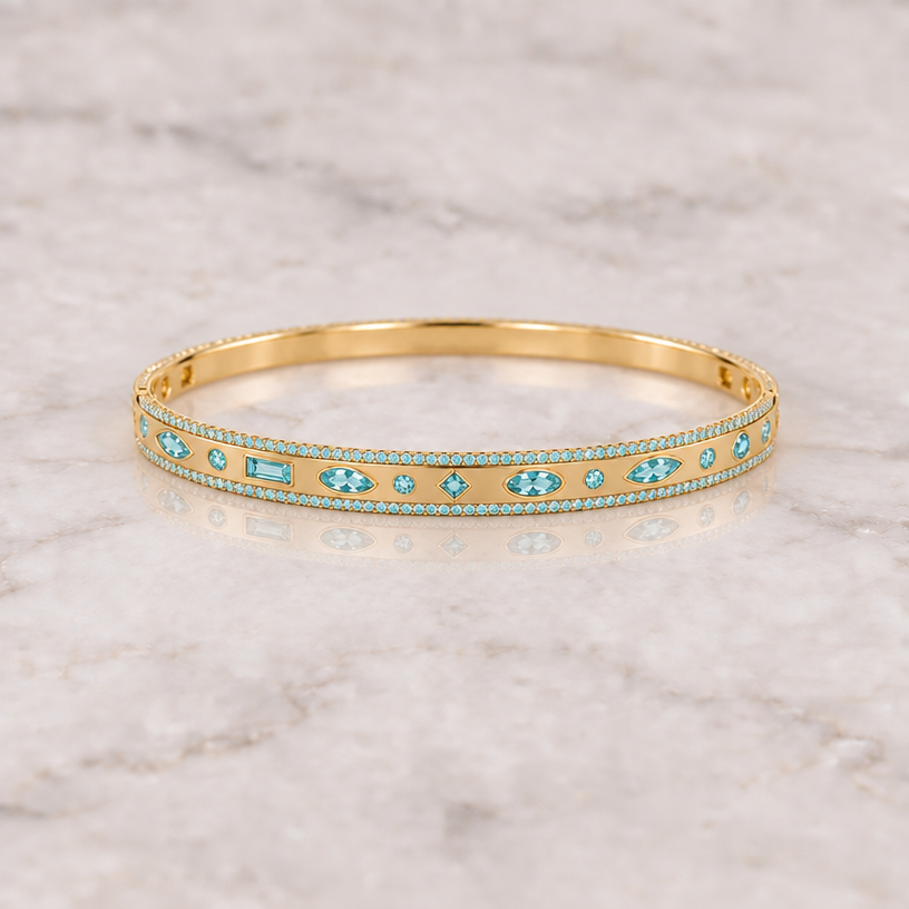make all the diamonds tiffany blue color. reduce the overall size of the bracelet to be more minimalistics
make all the diamonds tiffany blue color. reduce the overall size of the bracelet to be more minimalistics