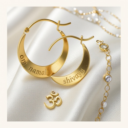 Золотые матовые серьги полукруг. На полукруге надпись изящным шрифтом om namah shivaya