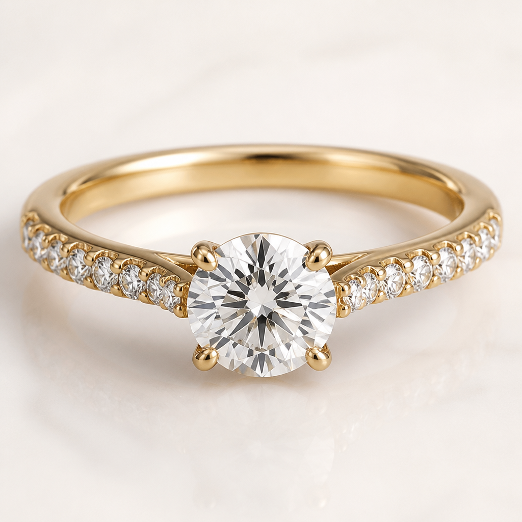 A classic women's ring made of gold with diamond stones suitable for wedding
photorealistic jewelry design, A classic women's ring made of gold with diamond stones suitable for wedding, classic style, just the design no text