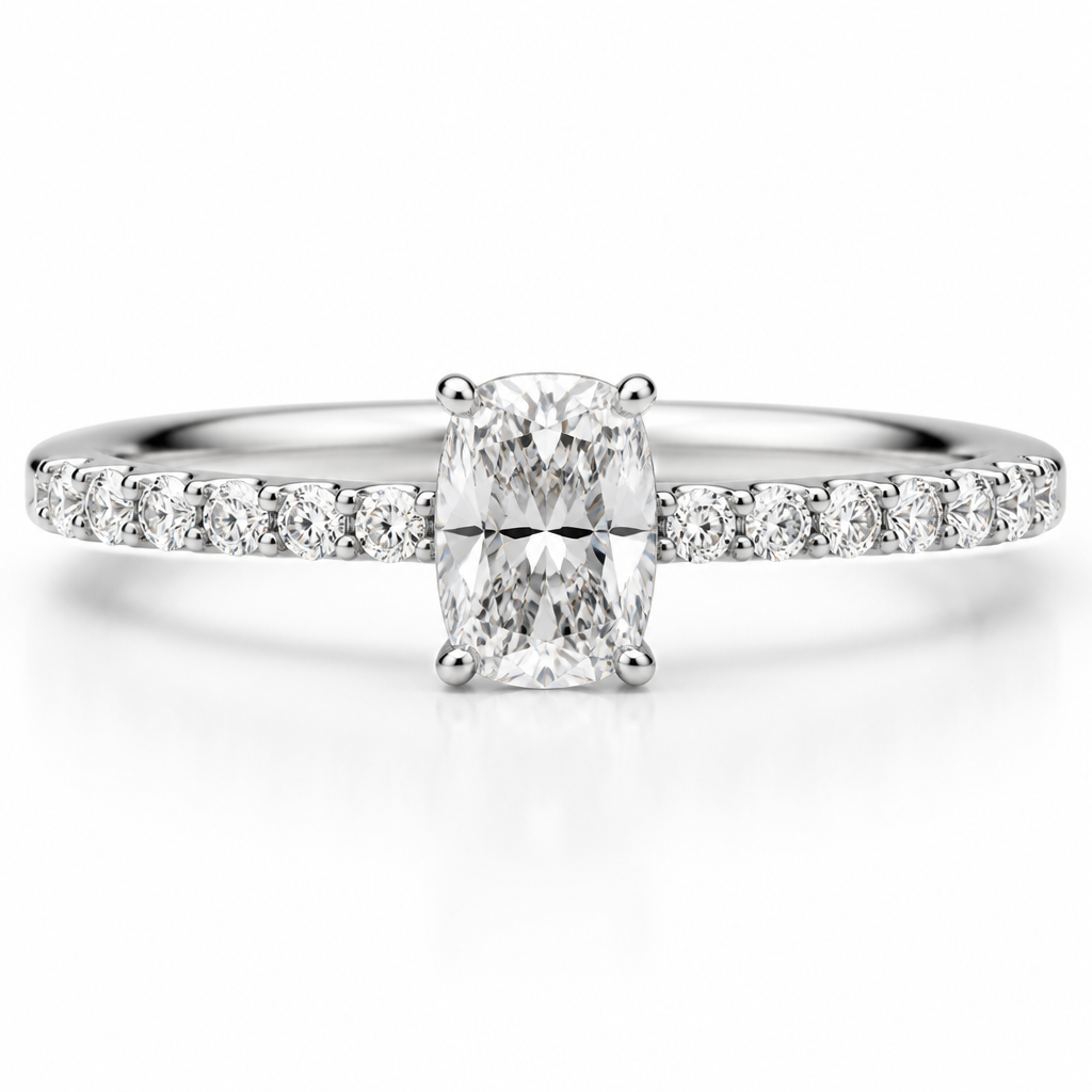 8x6mm elongated cushion cut diamond
White gold
18 x 1.3mm smalls on the band, 4 claws per stone
Cat claws
photorealistic jewelry design, just the design, no text, 8x6mm elongated cushion cut diamond in a white gold ring with 18, 1.3mm round diamond accents on the band, each in a four-claw setting.