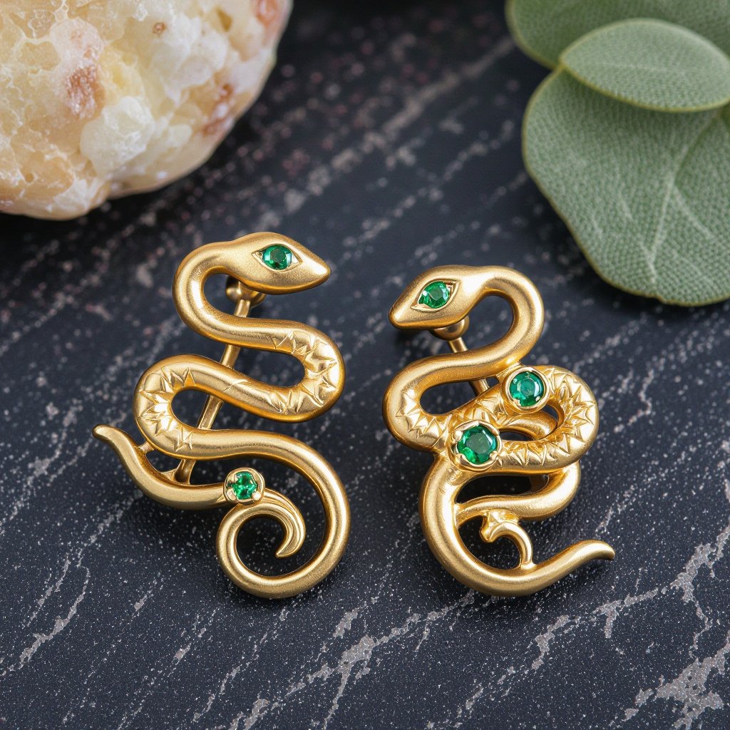 Небольшие золотые матовые серьги в виде символической змеи
