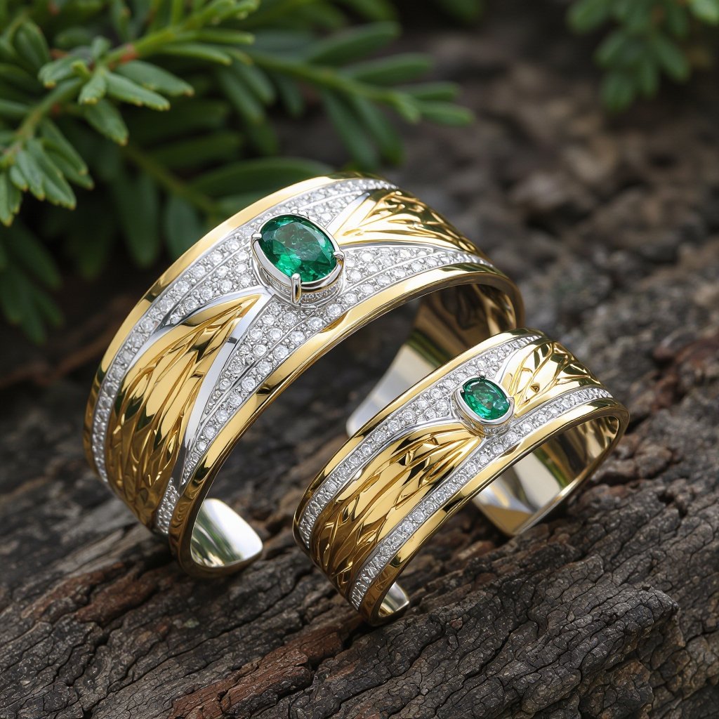 Pendant set of Modern Design a sleek, modern cuff bracelet featuring asymmetrical angles and a polished finish. Use a combination of brushed matte silver and high-shine gold accents for contrast. Incorporate a single, oval-cut gemstone-perhaps a striking emerald-set at an unconventional angle, creating a bold focal point that exudes contemporary elegance and sophistication.