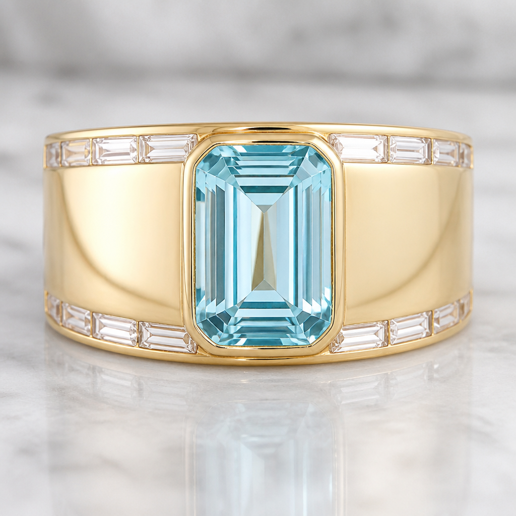 "Create a 12 mm wide Band high polished 14 karat yellow gold ring setting a 14 x 11 mm Emerald cut aquamarine in a very thin, full yellow gold bezel. set the aquamarine north south in the Band elevated above the Band but setting it as low profile as possible.
Then on the top and bottom, both edges of the wide band of the ring set 4 x 2 mm Baguette Diamonds setting the Baguette Diamonds East West in the ring so there's one thin row of Baguette diamonds at the top of the ring band and one thin row of Baguette diamonds
photorealistic jewelry design, "Create a 12 mm wide Band high polished 14 karat yellow gold ring setting a 14 x 11 mm Emerald cut aquamarine in a very thin, full yellow gold bezel. set the aquamarine north south in the Band elevated above the Band but setting it as low profile as possible.
Then on the top and bottom, both edges of the wide band of the ring set 4 x 2 mm Baguette Diamonds setting the Baguette Diamonds East West in the ring so there's one thin row of Baguette diamonds at the top of the ring band and one thin row of Baguette diamonds, just the design no text