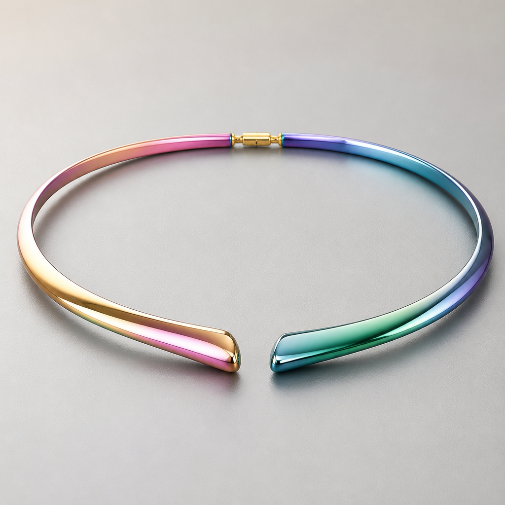 A women's ring, minimalist, simple and delicate, clean lines. multicolour colourful metallic futuristic chocker
photorealistic jewelry design, A women's ring, minimalist, simple and delicate, clean lines. multicolour colourful metallic futuristic chocker, modern style, just the design no text