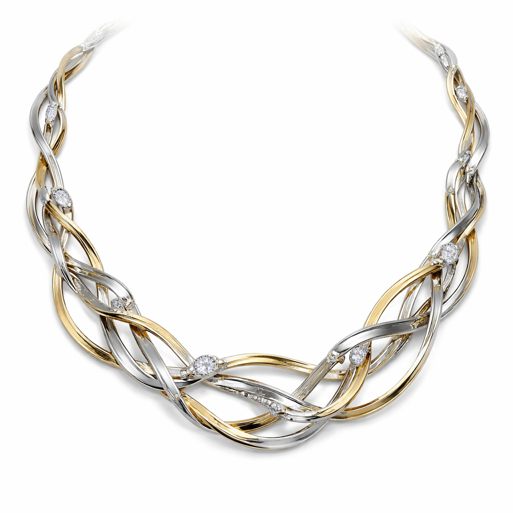 A flexible necklace which is not rigid and inspired by a twisted flat wire that is twisted so many times and it has links that connected the small pieces with eachothe and it has diamondr